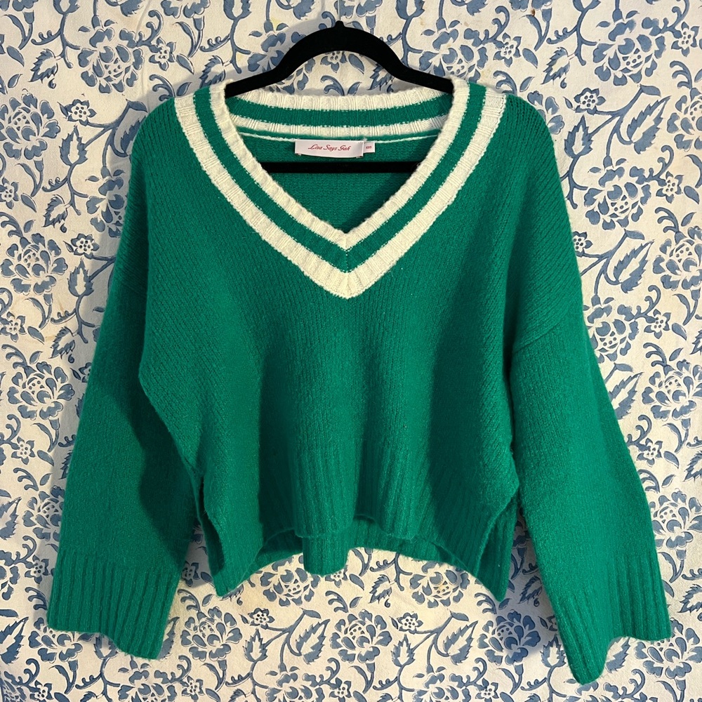 green v-neck lisa says gah sweater with varsity stripe